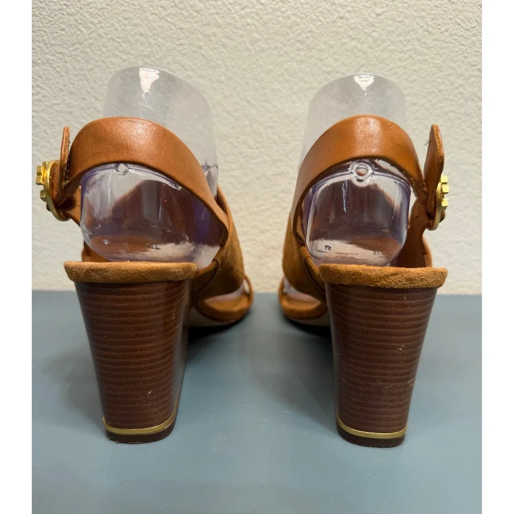 Tory Burch Tan Suede‎ Block Heel Slingback Sandals Gold Logo Buckle Womens 8M